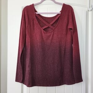 Rock & Republic Criss Cross Back Ombre Burgundy Long Sleeve Women's Top Size S